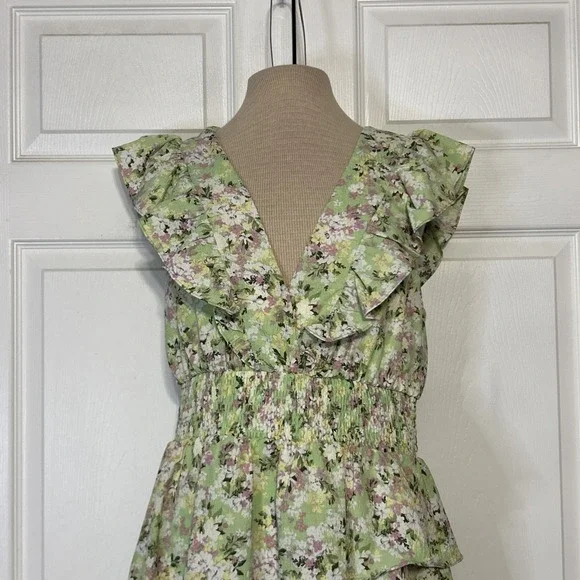 Floral Mini Dress M Cottagecore Boho Fairycore Ruffles V-neck Smocked BCBG NWT - Picture 2 of 7